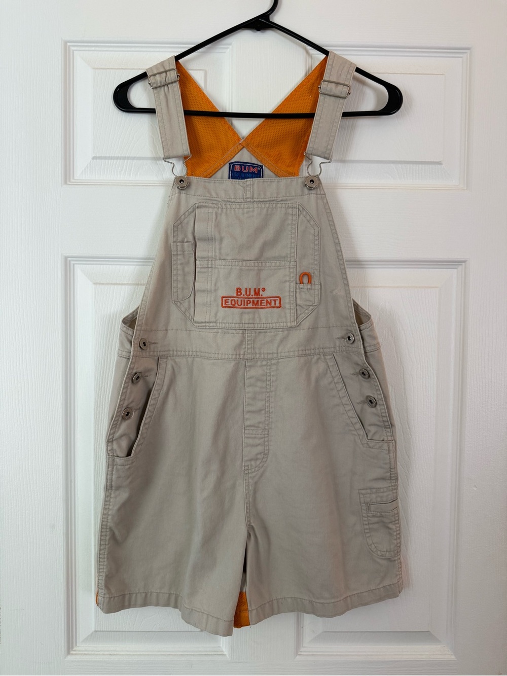 Vintage 90s B.U.M. Equipment Women's Tan & Orange Cargo Short Overalls